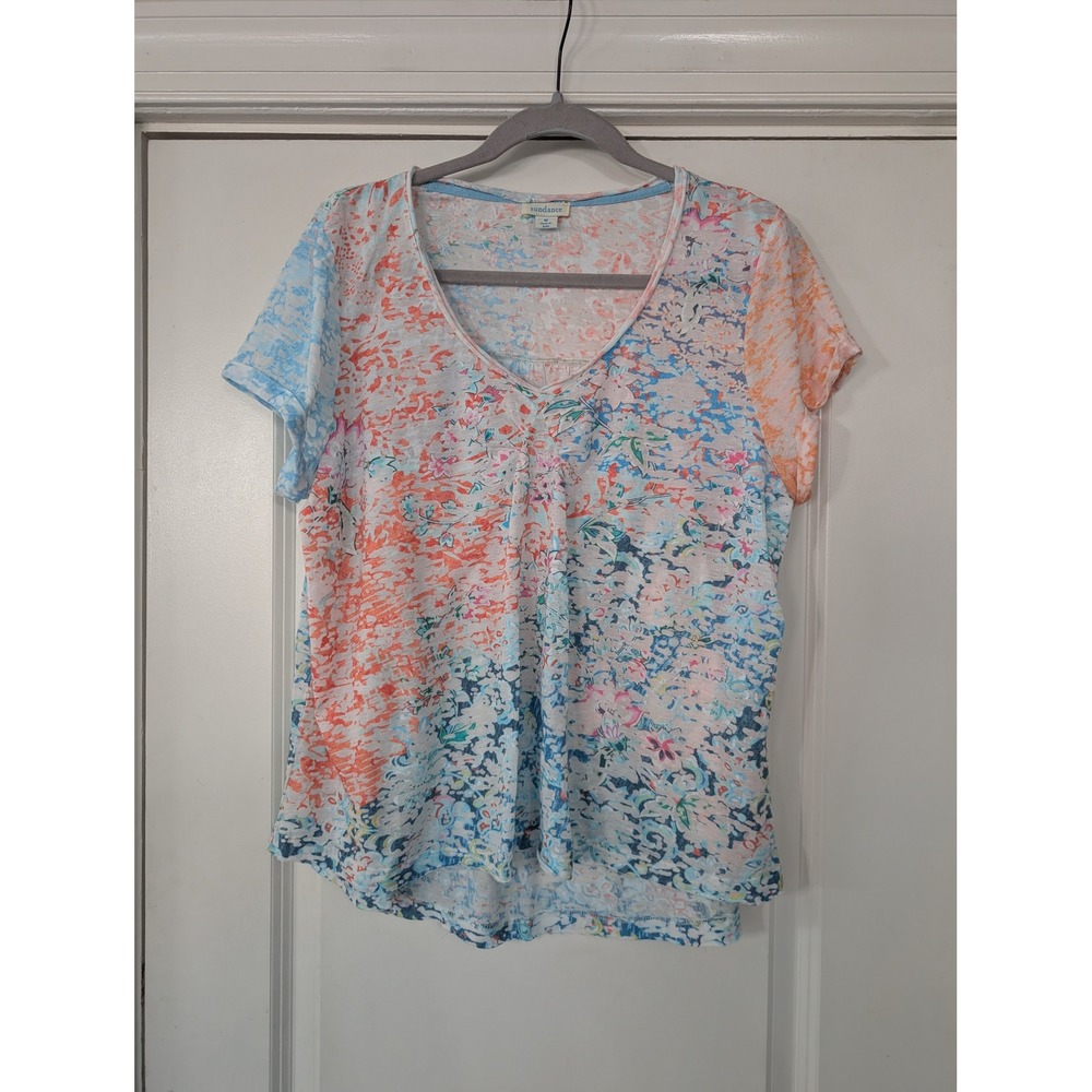 Sundance Short Sleeve V-Neck Tee in Pastel Coral, Blue & Peach